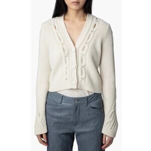 Zadig & Voltaire Barley Cable Knit Rhinestone Merino Wool Cardigan